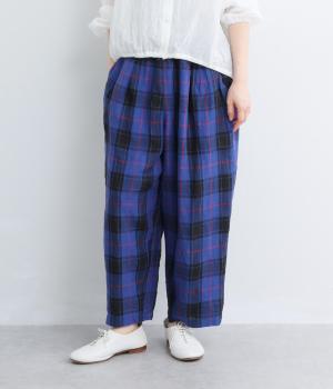 【cloudnine pure】先染めリネン柄アソート　8分丈ゆるバルーンパンツ(ネイビーチェック-F)