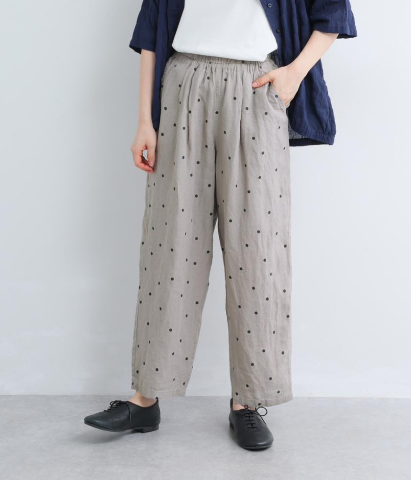 【cloudnine pure】リネンランダムドットプリント　9分丈ワイドテーパードパンツ