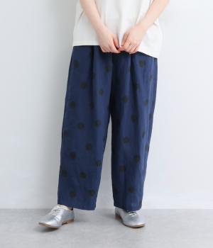 【cloudnine pure】リネンランダムドットプリント　9分丈ワイドテーパードパンツ(ネイビー-F)
