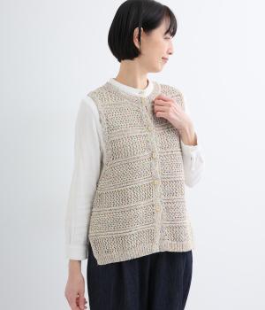 ミックステープヤーン　ボーダー柄編みニットベスト(アイボリー-F)