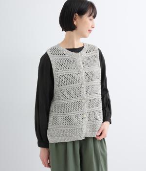 ミックステープヤーン　ボーダー柄編みニットベスト(ライトグレー-F)