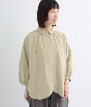 コットン花刺繍7分袖ブラウス(グリーン-F)