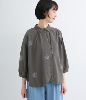 コットン花刺繍7分袖ブラウス(チャコール-F)
