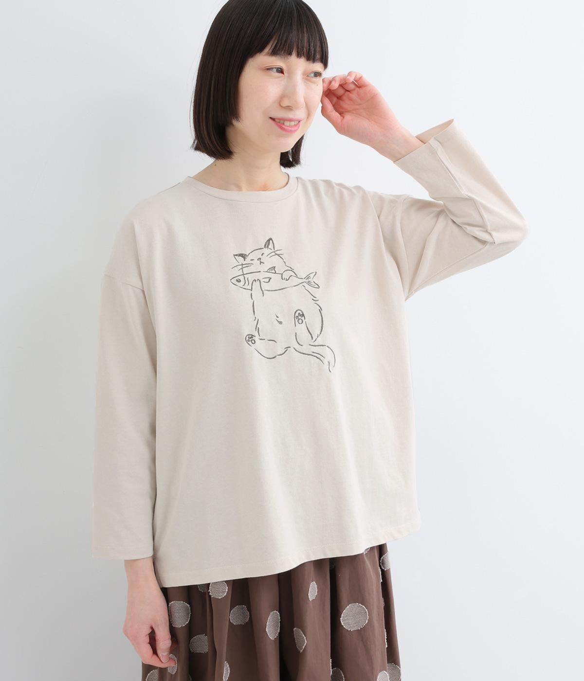コットン天竺　ネコ刺繍8分袖カットソー(アイボリー-F)