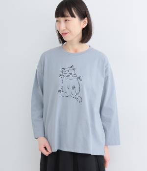 コットン天竺　ネコ刺繍8分袖カットソー(ライトブルー-F)