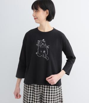 コットン天竺　ネコ刺繍8分袖カットソー(ブラック-F)