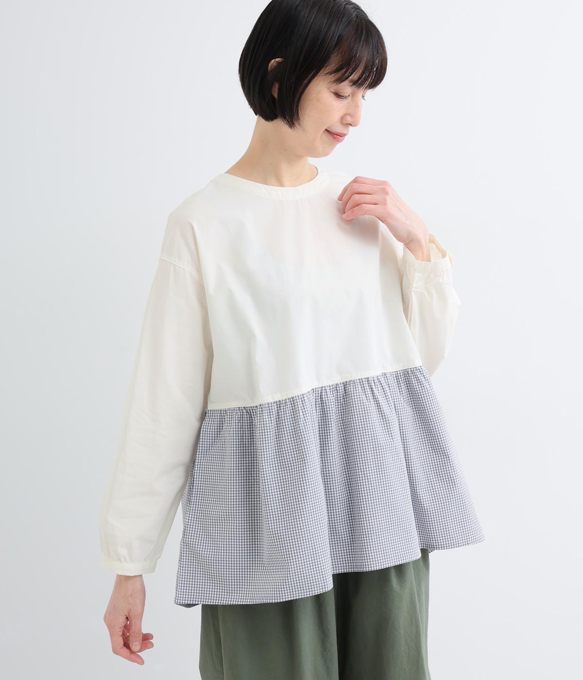 コットン切替ペプラムブラウス(グレー-F)