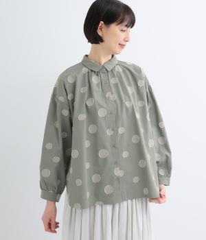 ランダムドット　コットンギャザーブラウス(グリーン-F)