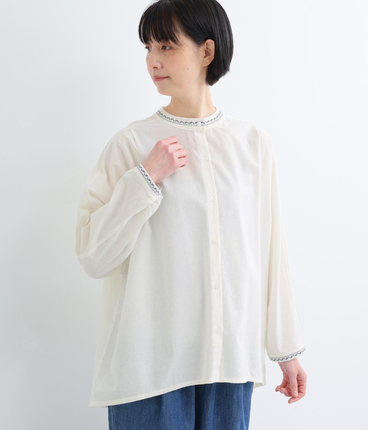 コットンリネン　刺繍スタンドカラーブラウス(アイボリー-F)