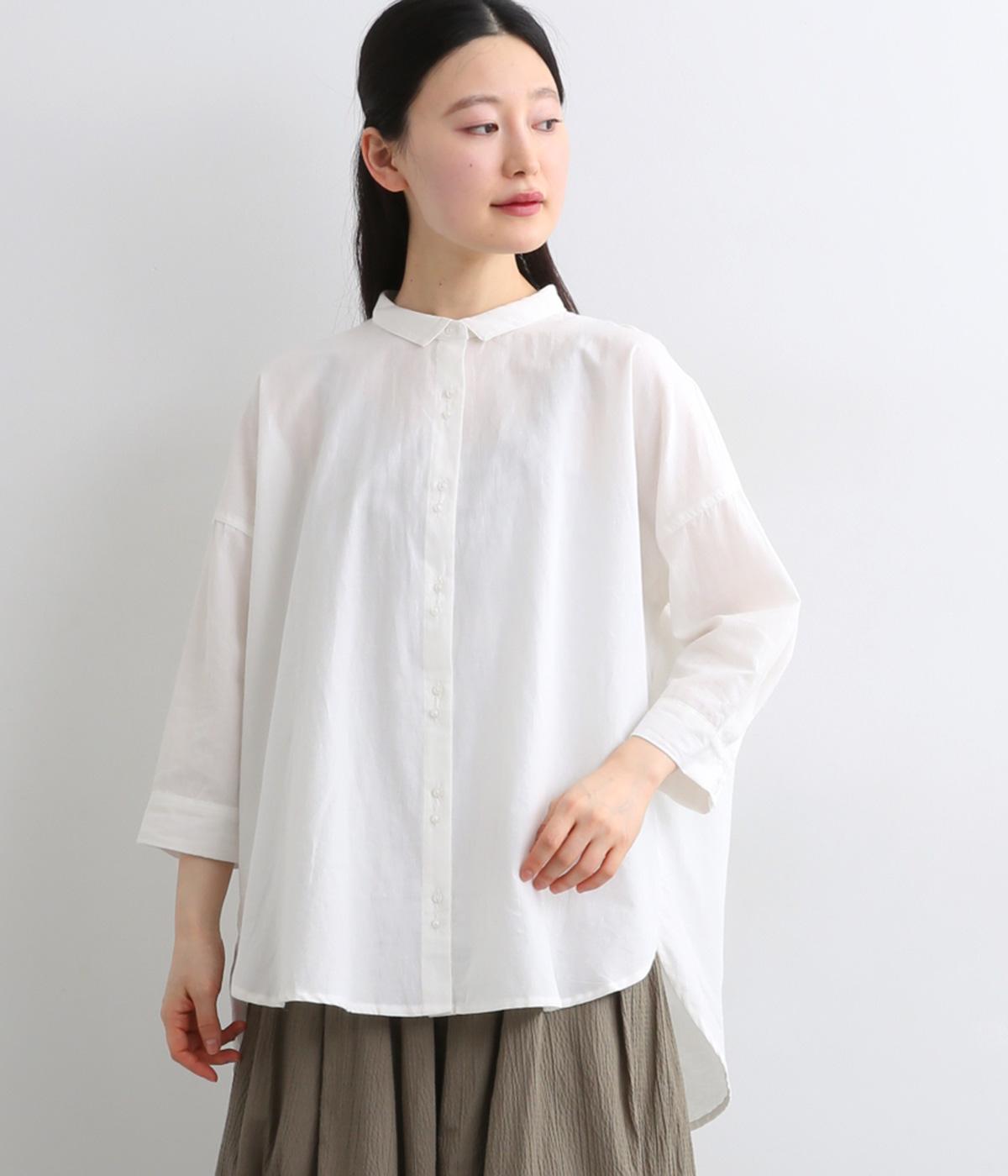 コットンリネン　後ろギャザー7分袖ブラウス(ホワイト-F)