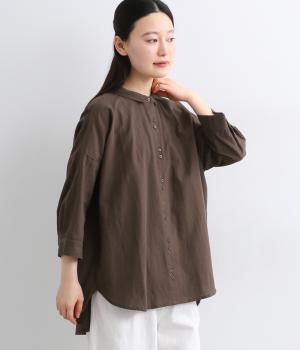 コットンリネン　後ろギャザー7分袖ブラウス(ブラウン-F)