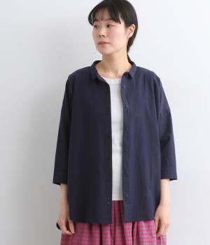 コットンリネン　後ろギャザー7分袖ブラウス(ネイビー-F)
