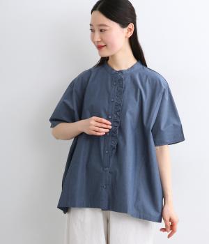 コットンカラーデニム　フリル付きブラウス