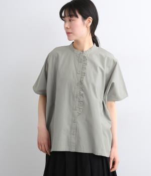 コットンカラーデニム　フリル付きブラウス(グリーン-F)