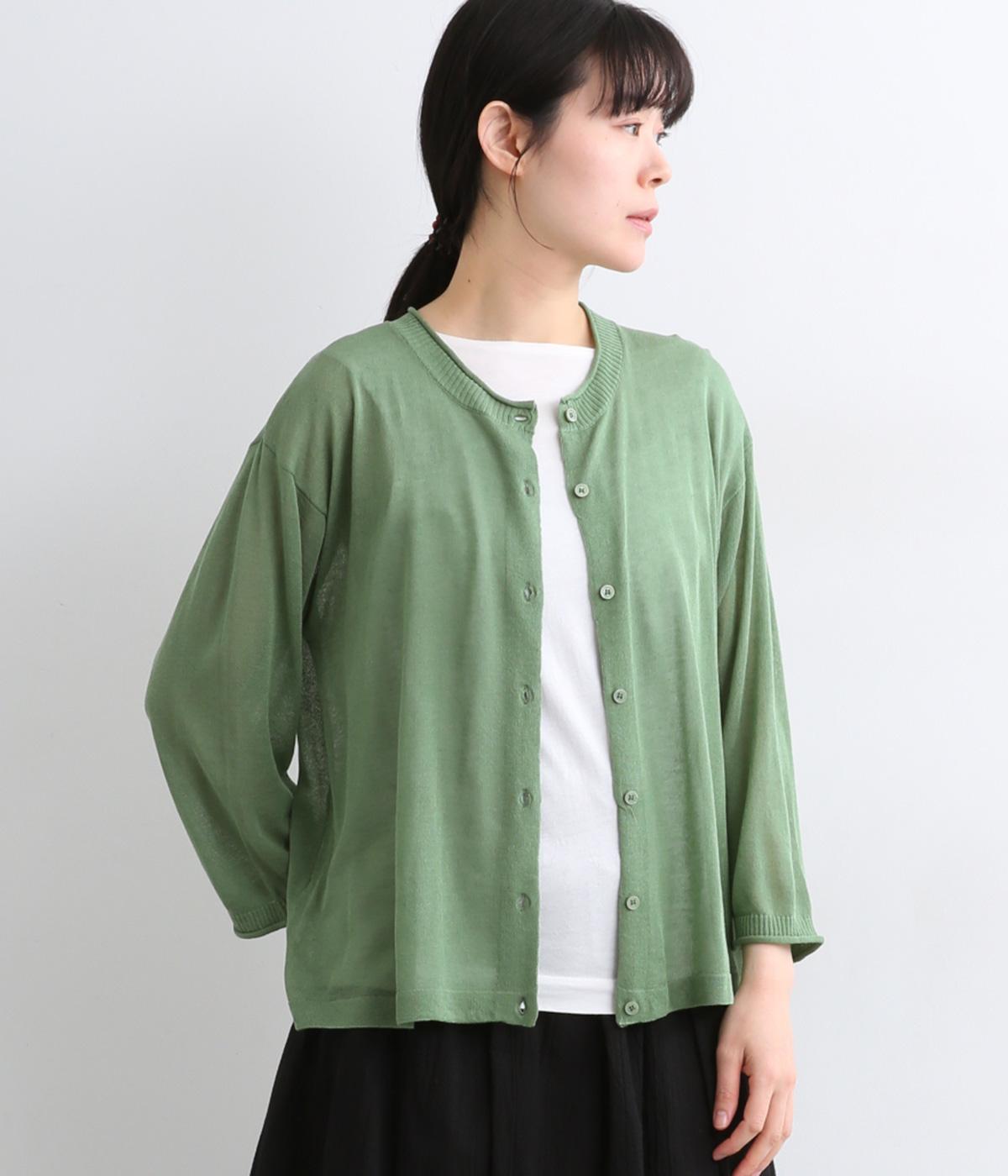 リネン混　7分袖ニットカーディガン(グリーン-F)