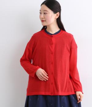 リネン混　7分袖ニットカーディガン(レッド-F)