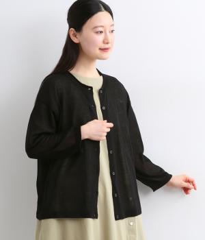 リネン混　7分袖ニットカーディガン(ブラック-F)