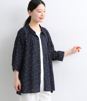 コットンボイルドットプリント　7分袖チュニック(ネイビー-F)