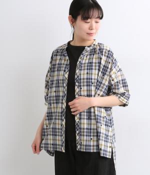 ジャカードチェック×ドットプリント　スキッパーチュニック(ネイビー-F)
