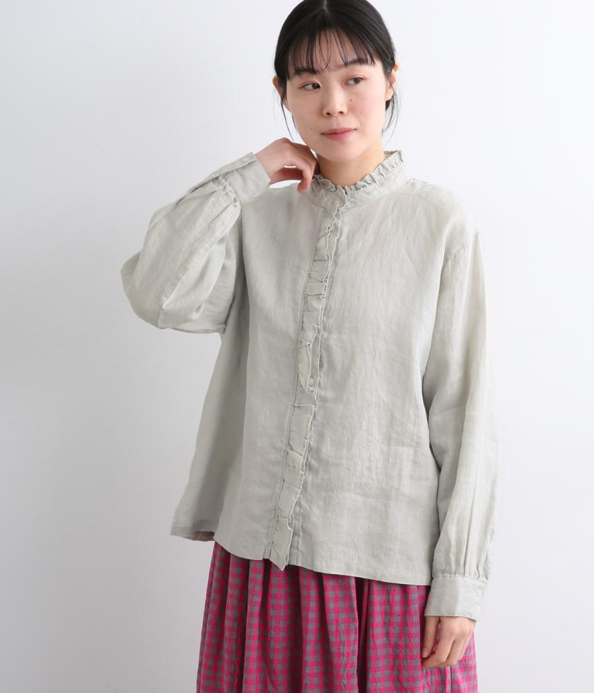 リネンスタンド襟フリルブラウス