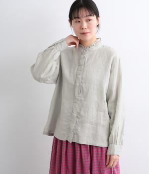リネンスタンド襟フリルブラウス