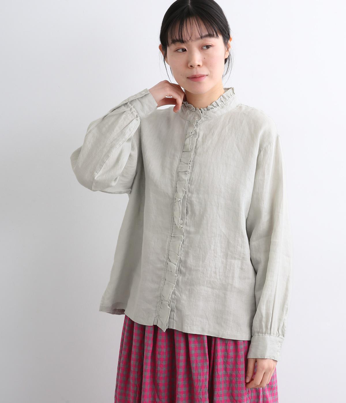 リネンスタンド襟フリルブラウス(グレー-F)