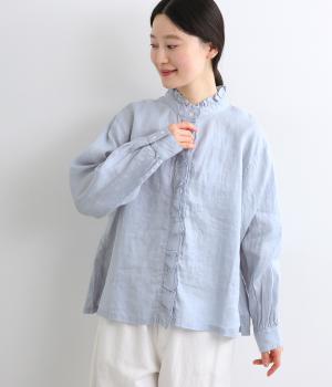 リネンスタンド襟フリルブラウス(ブルー-F)