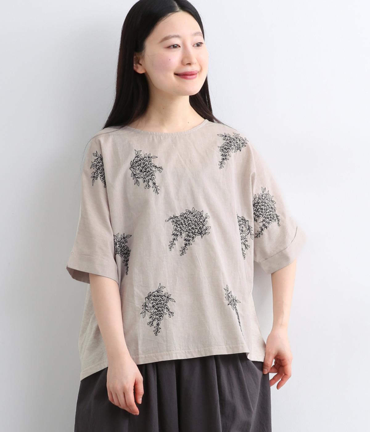 【れんげ】コットンリネン花柄刺繍×カットソー　切替ブラウス(ベージュ-F)