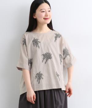 【れんげ】コットンリネン花柄刺繍×カットソー　切替ブラウス(ベージュ-F)