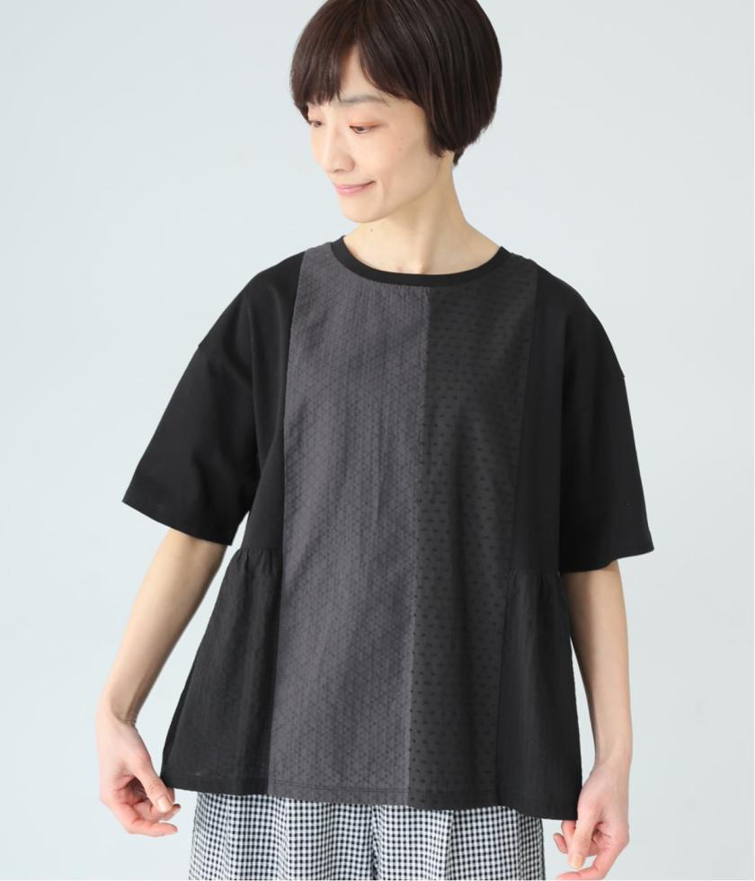 天竺×布帛　パッチワーク切替カットソー