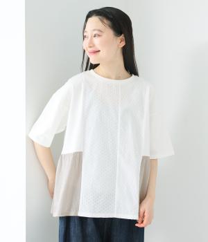 天竺×布帛　パッチワーク切替カットソー(アイボリー-F)