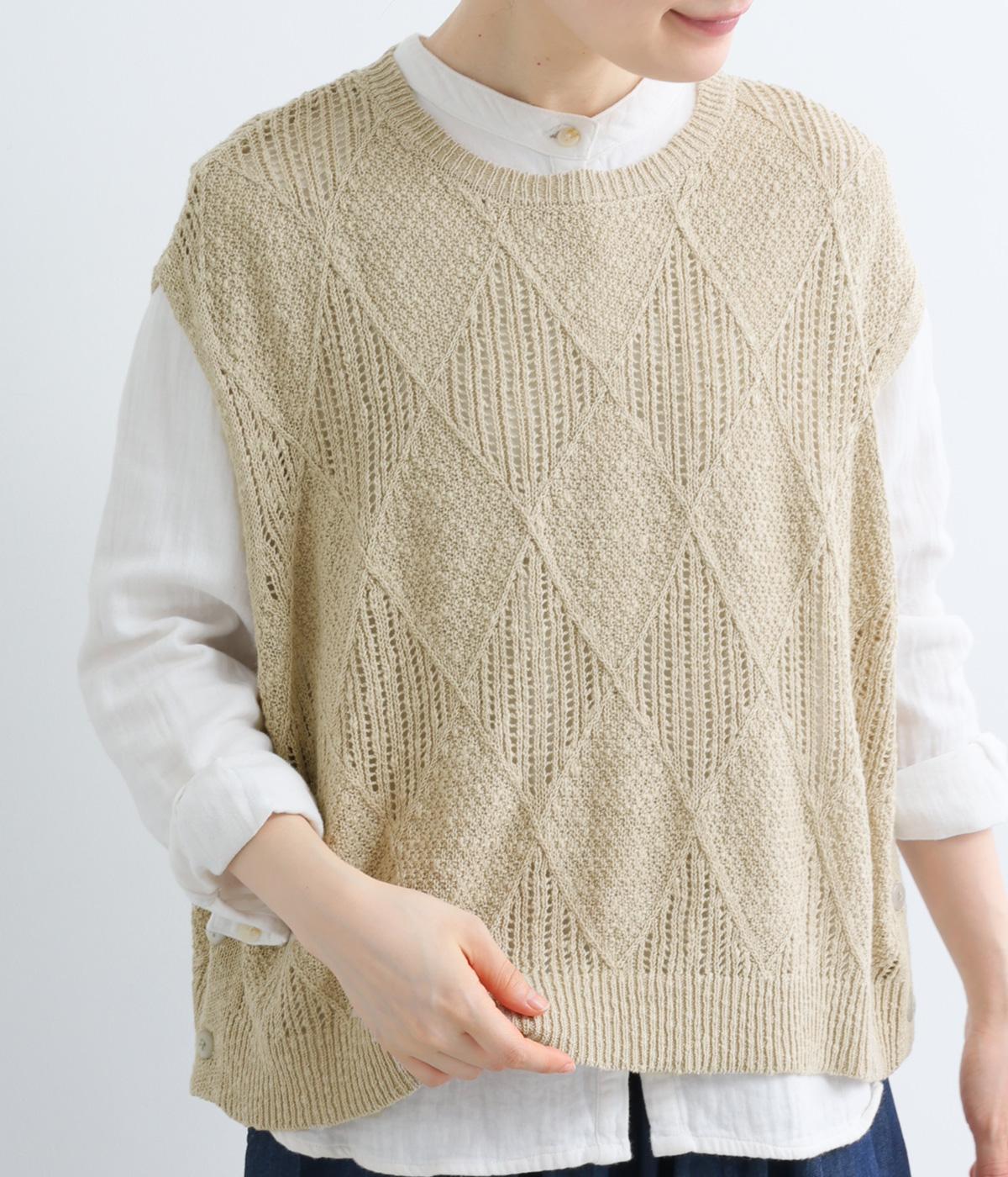 コットンダイヤ柄ゆったりシルエットのニットベスト(ベージュ-ML)