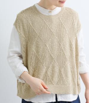 コットンダイヤ柄ゆったりシルエットのニットベスト(ベージュ-ML)
