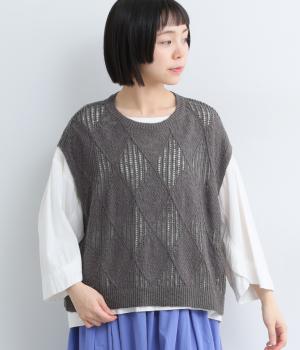 コットンダイヤ柄ゆったりシルエットのニットベスト(チャコール-ML)