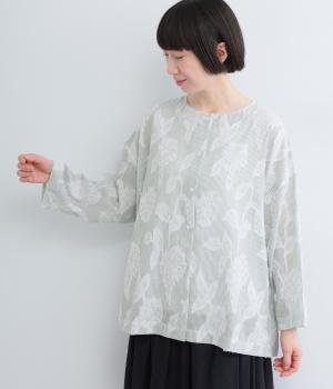 コットンストライプ柄×フラワージャカード前あきブラウス(グリーン×アイボリー-ML)