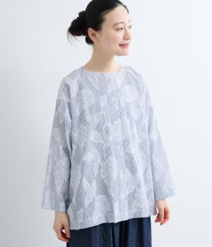 コットンストライプ柄×フラワージャカード前あきブラウス(ブルー×アイボリー-ML)