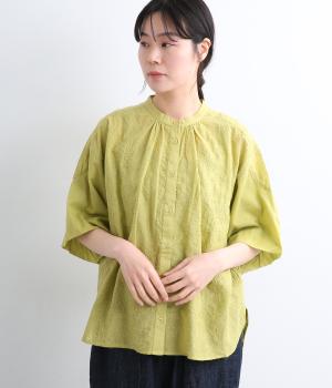 コットンボイルシフリー刺繍　5分袖バルーン前あきブラウス(グリーン-ML)