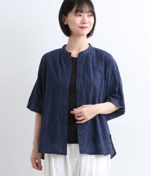 コットンボイルシフリー刺繍　5分袖バルーン前あきブラウス(ネイビー-ML)