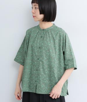 コットンキャンブリック花柄プリントブラウス(グリーン-ML)