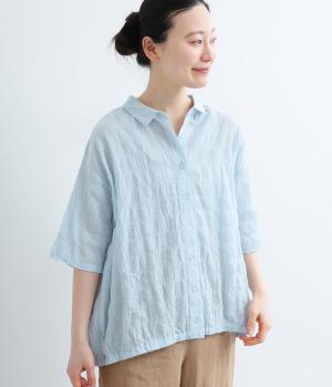 先染めコットン裾ゴム入り前あきブラウス