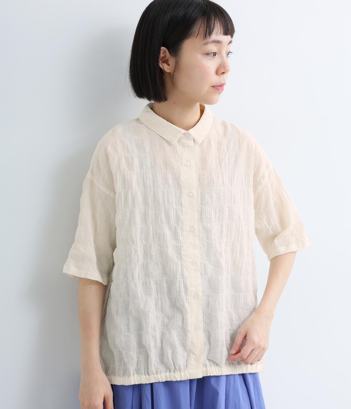 先染めコットン裾ゴム入り前あきブラウス(アイボリー-ML)