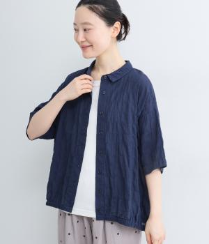 先染めコットン裾ゴム入り前あきブラウス(ネイビー-ML)