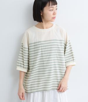 パネルボーダー　リブ7分袖クルーネックブラウス