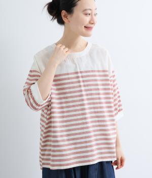 パネルボーダー　リブ7分袖クルーネックブラウス(レッド×ホワイト-ML)