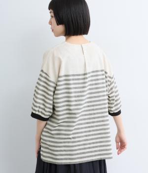 パネルボーダー　リブ7分袖クルーネックブラウス(ブラック×ベージュ-ML)