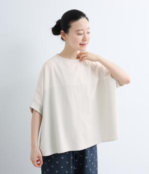 UV加工　天竺×布帛　切替ドルマンハーフ袖カットソー(アイボリー-ML)