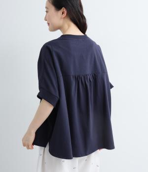 UV加工　天竺×布帛　切替ドルマンハーフ袖カットソー(ネイビー-ML)