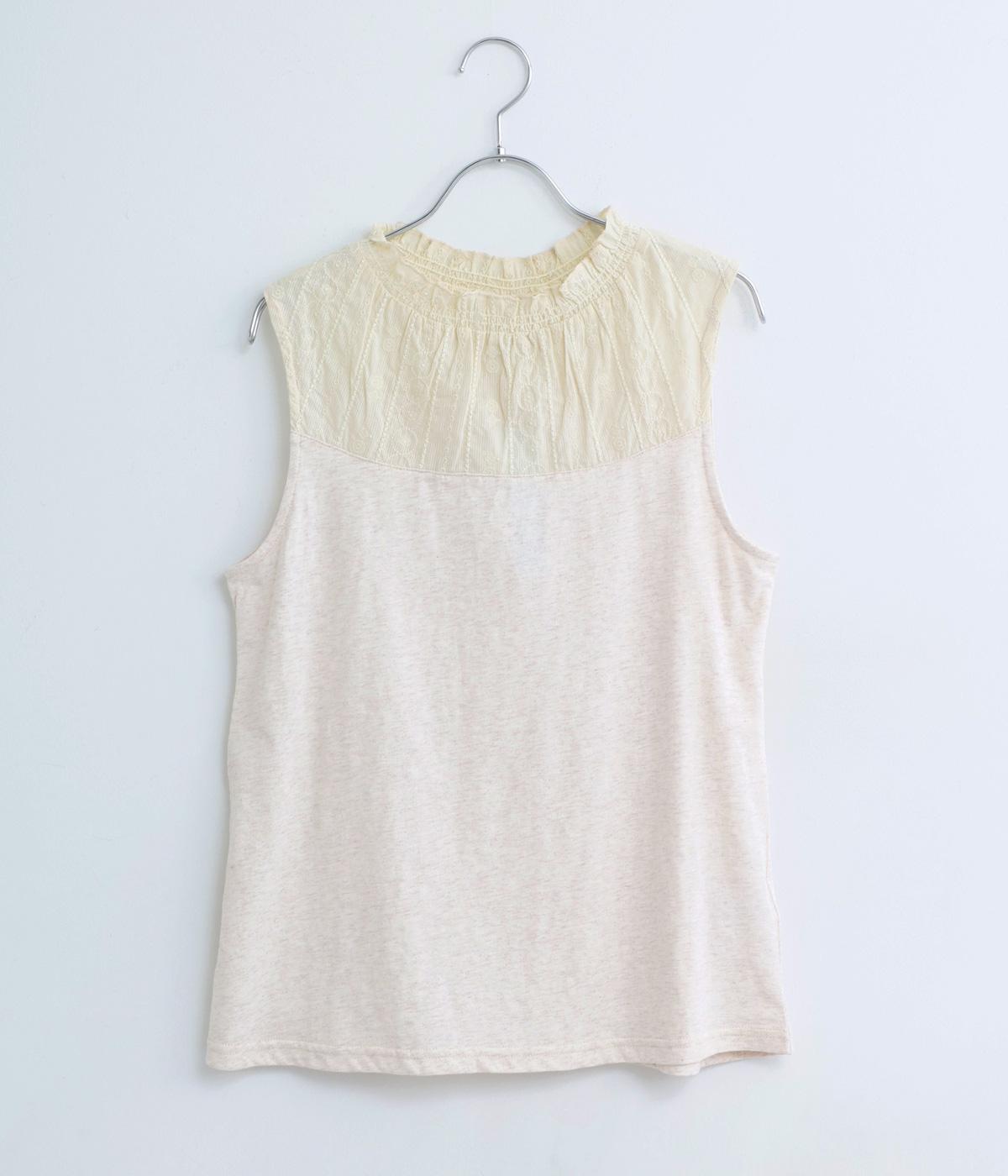 コットンスラブ天竺×ドビーストライプ刺繍入りタンクトップ(アイボリー-ML)