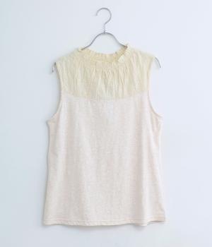 コットンスラブ天竺×ドビーストライプ刺繍入りタンクトップ(アイボリー-ML)