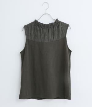 コットンスラブ天竺×ドビーストライプ刺繍入りタンクトップ(チャコール-ML)